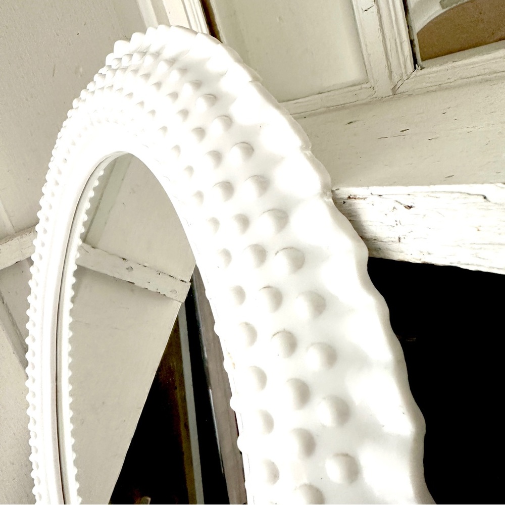 Vintage Wall Oval Mirror Milk Glass Look Hob Nails Plastic White Frame 17.5x15” - Picture 3 of 9